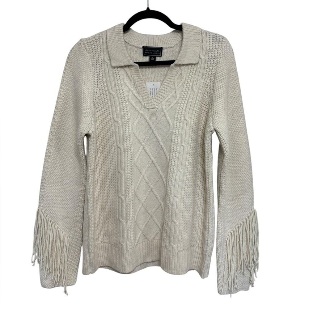 NEW G by Giuliana Boho Fringe Sleeve Western Collared Sweater in Ivory - Size M